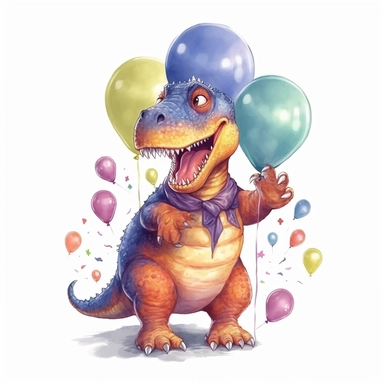 a T-Rex cartoon character holding colorful balloons for a birthday party, glamorous , Gouache, white background with margins, Clipart style