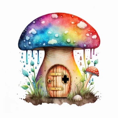 cute rainbod mushroom with a small quaint door, watercolor clipart, white background, detailed, vibrant color, in the style of the hobbit