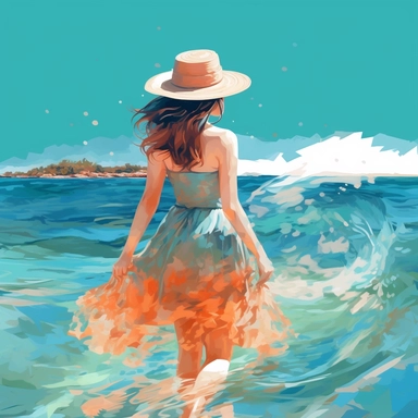 a girl with hat and floating floral dress stands in the clear ocean, showing the shoreline scene, and the light blue color and warm weather, in warter color style, clipart