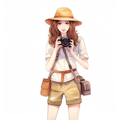 Cute adventurest female photographer with a camera, Cute and summer outfit, Watercolor style, clipart solid white background