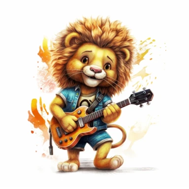 cute Lion character wearing rock music clothes and music element with happy face,front facing on isolated background,with happy face and expression,Animal Sublimation Clipart,no splash watercolor,white background, ultra detailed clipart, cut out image, colorful watercolor realistic, cartoon style, ultra HD, sharp and clean art