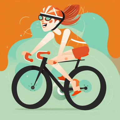 Triathlete girl riding a triathlon bicycle, wearing bicycle helmet, wearing a triathlon gear, with athletic outfits, full body, smiling, both hands over the aerobars, Sport graphics, action clipart, vector graphics, simple background, children’s book illustration by charley harper