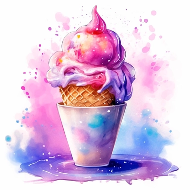 clipart soft watercolor pastel neon colors without splashed background - icecream glass cup with cream and toppings colorful sprinkles - hard contrast - high details - enough space between each item