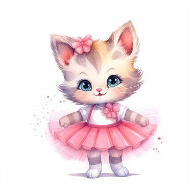 children book illustration. cartoon cute baby cat in tutus. Watercolor clipart. Pixar animation