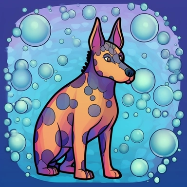 Create a fun and whimsical clipart of an iridescent kelpie submerged in water, surrounded by bubbles or seaweed. The kelpie should be the center of attention, with a cartoonish style featuring bold lines and bright colors. The contrasting background should be plain, allowing the kelpie to stand out. Think of the kelpie as a friendly creature, eager to make new underwater friends and explore the depths of the sea.