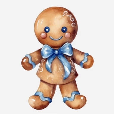 watercolor, Cute christmas gingerbread man watercolor clipart, blue color scheme, christmas style, isolated white background, single design, single object, print on demand image, PNG transparent background, white background for removing background - - no text shadow font