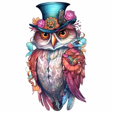 An Owl in sweet steampunk style, water color style, pinks, oranges, blues, teal, and liquid gold, watercolor illustrations, narrative clarity, photo-realistic drawings, detail-oriented, white background, transparent background, clean and elegant, sinister beauty, very detailed, victorian-inspired illustrations, watercolor illustration clipart, watercolor clipart, serge Marshhennikov, victor nizovtsev, i can't believe how beautiful this is