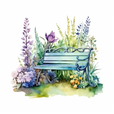 clipart, isolated on white background, Watercolor Spring beautiful ornated metal bench, flowers and grass and plants, ornated, pastel colors
