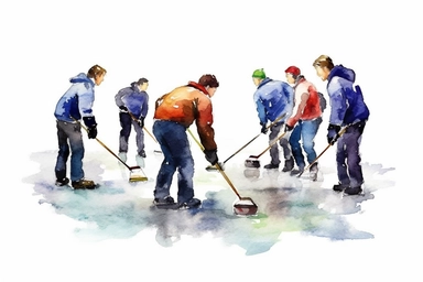 Watercolor, Create a visual of a curling team strategizing and delivering a stone on the ice clipart, hd, on a white background, spaced out