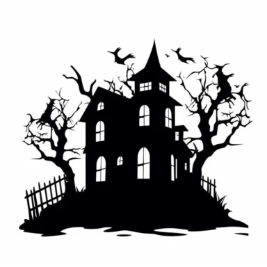 Black and white silhouette of a haunted house, clipart style, white background, thick lines, vector, simple design, flat colour, solid colour, halloweencore