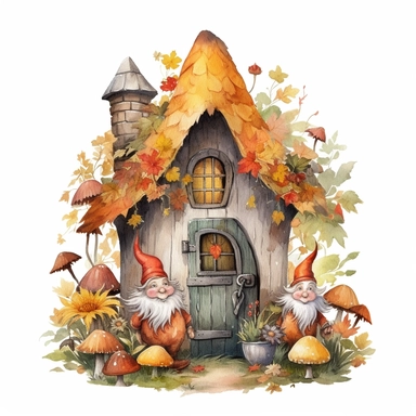 Watercolor, Gnomes Cute, Cottage Garden Shed autumn Flower, clipart, on a white background.