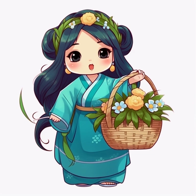 cute chubby girl wearing green and blue hanfu costume in cartoon style, in chibi style, carrying basket of flowers, transparent background, clipart