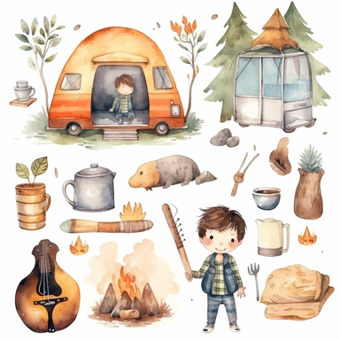 Watercolor boho camping illustrations clipart set, simple, soft colors, cartoon elements, different variants, cute little boy, campervan, camping related items, pots, bonfire, firepit , logs separate elements with a margin