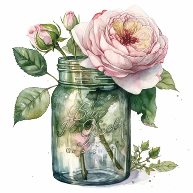 a green glass jar with an English rose,the rose is on the top of the jar on the opening, unimaginable beauty,white with little pink details in the centre of the bloom,An illustration clipart painted by ann buccarelli, watercolour, combo pale colours, insanely detailed, on white background, amazing colour combo, with detailed watercolor bloom, white/ pink/ green, bec winnel, intricately textured, close up, walter Langley, lucy grossmith, heavy impasto technique, detailed shading, atmospheric wate