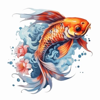 Fantasy Koi Clipart, Watercolor Cartoon, hyper realistic, intricate detail, illustration style, high resolution, on the white background