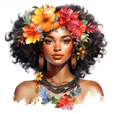 Illustrate a watercolor clipart portrait of an african young Black girl wearing a statement collar necklace made of intricately painted flowers clipart, white background