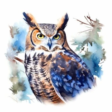 Great Horned Owl, water color style, clipart, white background