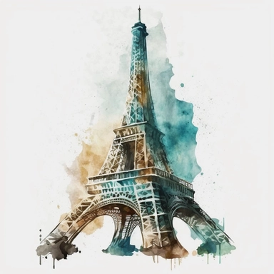 realistic eiffel tower watercolour style clipart with white background