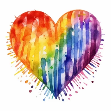 watercolor illustration of a beautiful lgbt heart made of colorful stripes clipart, in the style of realistic watercolor paintings, realistic, detailed, bright colours, white background, clipart, detailed