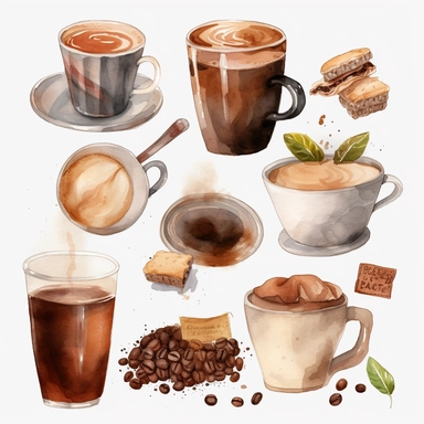 High Detail clipart of coffee, no lines, no outlines, clipart, featured on dribble, american Dinner clipart, minimalist, computer vector graphic design clip art, watercolor illustration clipart, watercolour clipart, watercolor illlustration for Recipe Books, book illustration, print on demand image, PNG tranparent background