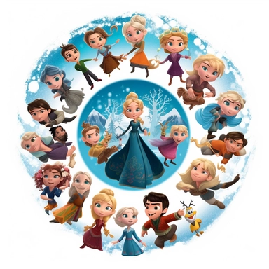 elsas world frozen animation style show only characthers, disney pixar style, top view, circle format, clipart white background