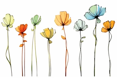 ink drawing six flowers clipart, ink style, ink drawing, free-hand light color strokes under ink lines, vector style, prominent ink strokes, flat style, prominent line style, white background, spaced out, do not intersect images, spacing between elements, single thickness lines, no shadows, few details, only lines, only black lines, no volume, hand drawn ink drawing, elegant shapes