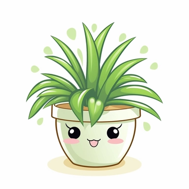 cute clipart icon of spider plant, Chlorophytum comosum, green and white leaves, smiling face inside the pot, kawaii, anime style, in white background, soft color blending, rounded