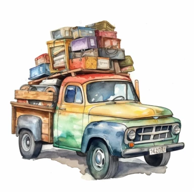 pick up truck loaded with car parts watercolor clipart