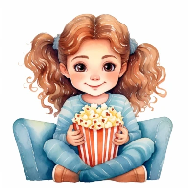 Cute girl enjoying movie night with popcorn watercolor Clipart