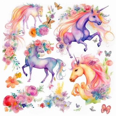 Design a captivating collection of watercolor clipart elements showcasing fairytale ponies in a whimsical and illustrative style. Paint each pony separately, featuring vibrant and imaginative designs, such as a pony with a rainbow-colored mane and tail, a pony adorned with intricate floral patterns, a pony with wings inspired by butterfly wings, and a pony with a starry night sky coat. Utilize a vibrant color palette, incorporating bold and contrasting colors to enhance the magical and fantastic