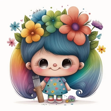 watercolour cute hairdresser style rainbow little troll girl, hairdresser, hairstylist troll character, holding scissors, hair brush, hairdryer, whimsical, adorable, cute, flowers, full image, big cute adorable eyes, Clipart style, white background