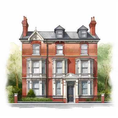 Isolated images, illustrations on a white background, facing front, elevation view, Georgian red-brick five storey terraced house on St Stephen's Green Dublin Ireland, Clipart, watercolor, realistic, isolated, full building, highly detailed, hdr, 32K, photo expert quality, watercolor realistic, hyperrealistic and highly detailed, isolated on a white background