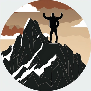 clipart of a person standing tall and proud atop a mountain, their arms stretched out wide. The person is determined and dedicated, exemplifying the value of commitment. They are also brave and bold, embodying the value of courage. The person is focused, with a clear and unwavering gaze fixed on their goal. They are open and transparent, with nothing to hide. And they show respect, both for themselves and for those around them. The mountain represents the challenges and obstacles that we face, a