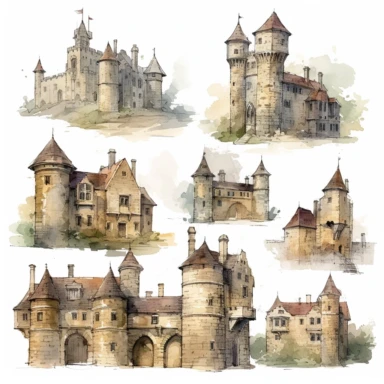 old english castles, white background, clipart, watercolor style--q2--v5.1