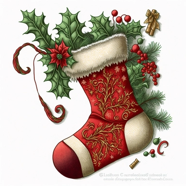 Christmas stocking clip art, full shot, detailed, illustration, outline, white background