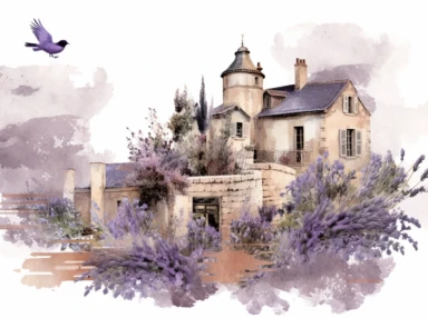 french village clipart, digital clip art, hsp lavender, in the style of reimagined by industrial light and magic, birds & flowers, tranquil gardenscapes, dye-transfer, italianate flair, recycled, light white and violet