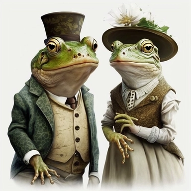frog and toad lady gentleman cute, clipart, white background real looking