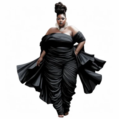 ?????socialite black woman bods, plus size, long massive braids, full glam, fashion icon, talented and good vibes, dressy pant and couture frilly fliiw top, clipart, white background