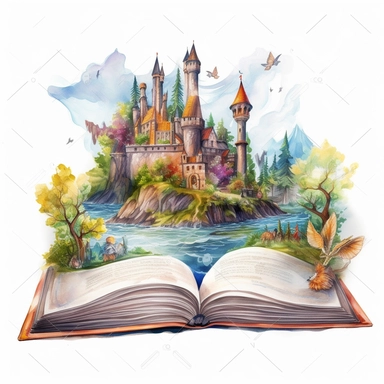 a big opened Fantasy Book Laying there as the main subject with a heroic scenery featuring a castle and magical creatures and objects imerging out of the fantasy book. In a mesmerizing clear lined simple and realistic watercolor illustration style by Valentina Verlato using bold and saturated colors. It is a png clipart on a white background, it should be easy to cutout and remove the background from, so only use saturated colors around the edges of the clipart. The composition is central with a