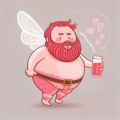 anthropomorphic bearded beer belly man with fairy wings, Beer Cupid, red and pink, cartoon doodle, funny, cute, valentines day art, no words, vector clip art, detailed lines, plain background