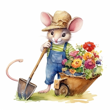 a playful watercolor clipart image with a white background, showcasing an enthusiastic cute cartoon mouse gardener with a straw hat and a wheelbarrow full of gardening tools, ready for a day of work.
