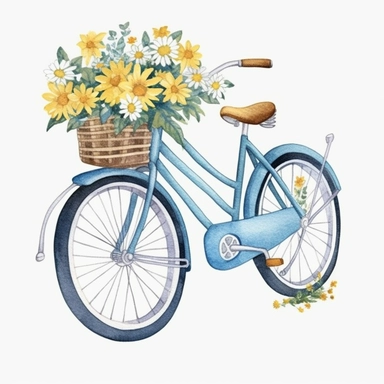 blue cruiser bicycle with white and yellow flowers white background watercolour for clipart sticker