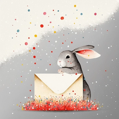 clipart, hand painted, watercolor, vectors, gray background, sharp focus, highly detailed, snow Rabbit with smile,Chinese New Year, Bright Red, Celebration, Colorful Confetti behind, Cute, Cheerful, pixar style,yellow field of barley behind, dark red envelopes in the air,--vr 957:1278