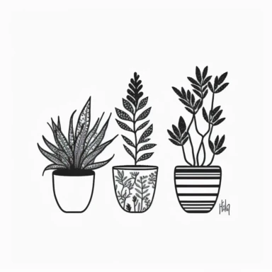 Potted Plants, Clipart, Cartoon style, Outline, Black on white background, Very simple, Minimalist, No Noise Flat
