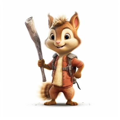 Adorable cute fantasy baby squirrel dressed like rune farmer standing in dynamic pose,front view,fullbody,sharp through out,happy expression, nursery art, clipart image, lineart image, white background, very detailed, 8k, composition wide shot