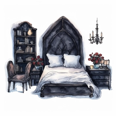 Gothic style bedroom furniture with watercolor effect, suitable for digital clipart, white background, gothic scene, gothic colors, gothic tools, gothic roses, skull, dark scene