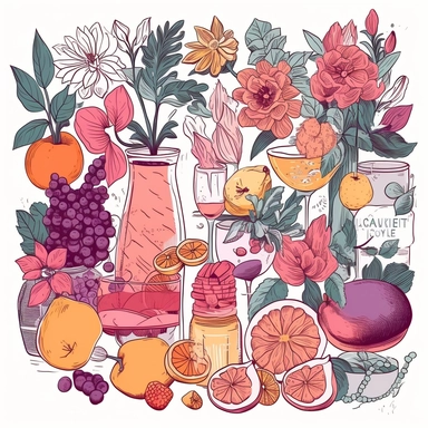 isoluated clipart illustrations combining vibrant and pastel colour palettes to evoke feelings of joy, innocence, and enthusiasm. Pastel tones, pinks, and purples dominate the palette, creating a harmonious and comforting visual experience, focuses on summer fruits and cocktails in a garden of flowers in the style of óscar domínguez on isolated white background