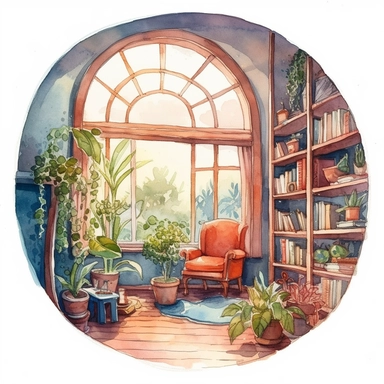a watercolor clipart of a bookroom with a big round window, white background clipart, plants and nature, in the style of darkly romantic illustrations, uhd image, studyplace, fairycore, charming character illustrations