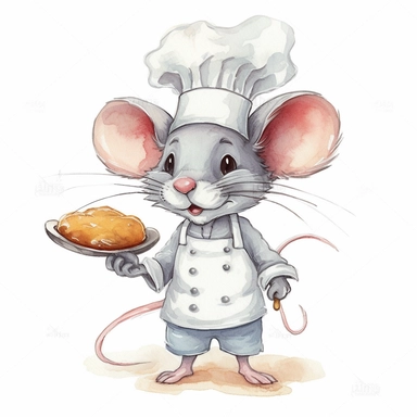 Illustration of adorable cartoon mouse chef, clip art, digital art, HD, white background, watercolor, clean liner art