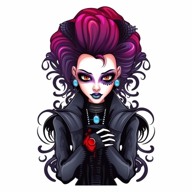 Create a clipart of a goth woman with glowing eyes, wearing a vibrant and colorful outfit. Ensure the image has intricate details and crisp lines, with a clean white background